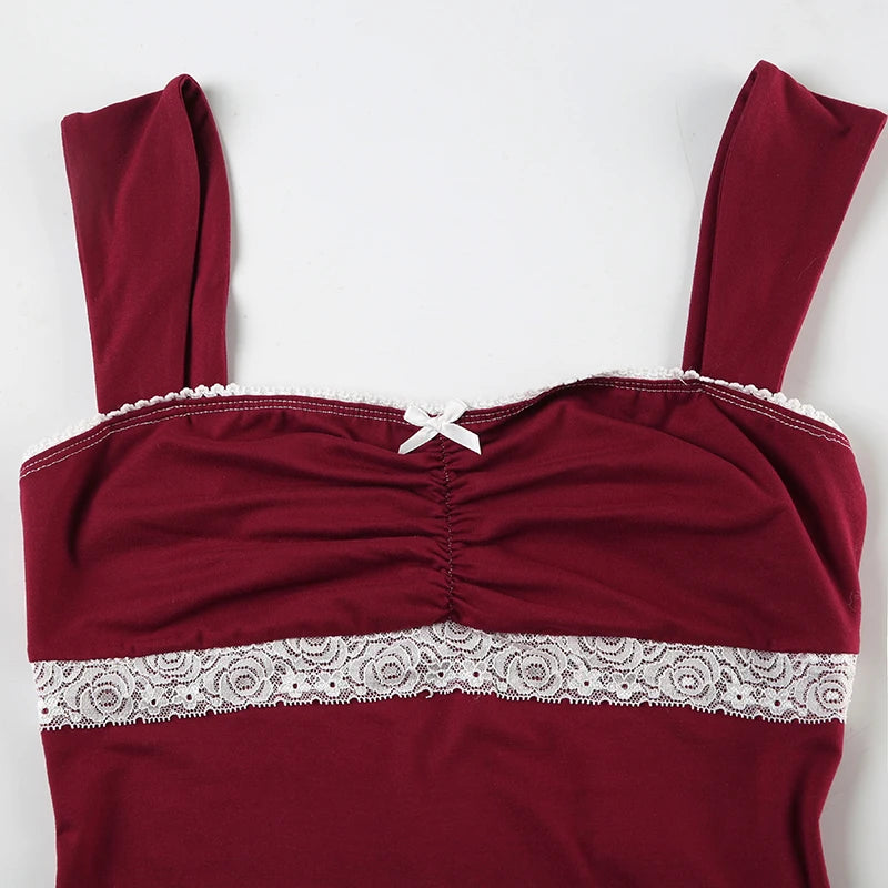 Lunivop  Vintage 90s Red Square Collar Crop Top Cute Bow Stitching Sleeveless Skinny T-shirt Women Harajuku y2k Tees Summer Casual