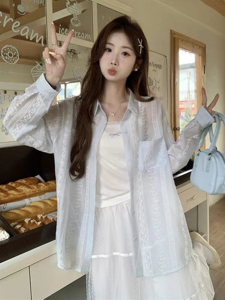 Lunivop See Through Sun Proof Shirt Women Loose Sweet Long Sleeve Elegant Blouse Sexy Fashion Female Summer Chic Korean Tops New