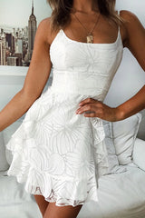 Lunivop  Spring Summer Fashion Printed Ruffles Spaghetti Strap Short Dresses Clothes For Women Night Club Outfits White Dress