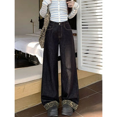 Lunivop  Spring Autumn Women's Rolled Hem Stitched Leopard Print Wide Leg Jeans Slim Fit Floor Length Straight Long Pants