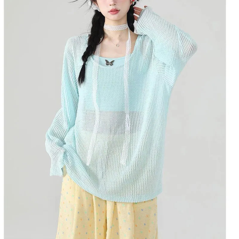 Lunivop  New High Street All-match Sweet Mint Green Summer Women Hollow Sling Two Piece Set Loose Lazy Wind Long Sleeved U-neck Tops