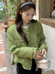 Lunivop Sweet Green Tweed Jackets Women Vintage Long Sleeve Casual Coat Korean O Neck Fall Winter Retro All Match Elegant Outwear Tops