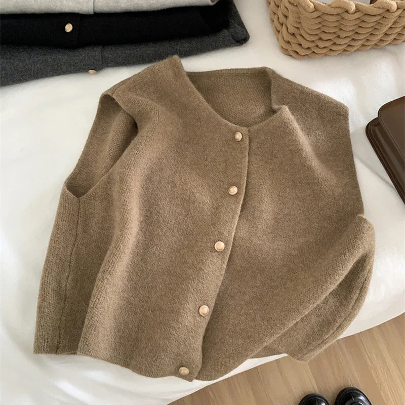 Lunivop Women Sweater Vest Gold Button Up Waistcoat Soft Knitted Sleeveless Cardigan Jacket Top Fall Winter Korean Ladies Chic Outfit