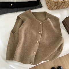 Lunivop Women Sweater Vest Gold Button Up Waistcoat Soft Knitted Sleeveless Cardigan Jacket Top Fall Winter Korean Ladies Chic Outfit