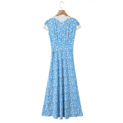 Lunivop  Women Retro French Style Blue Floral Print Spliced Lace V neck Short Sleeve Dress Summer Viscose Cotton Long Dresses Vestidos