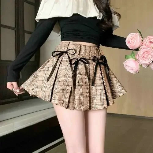 Lunivop  Y2k Kawaii All-match Bow Sweet Plaid Skirt Women Small Preppy High Waist Slim Pleated Skirt A-line Short Dress Summer
