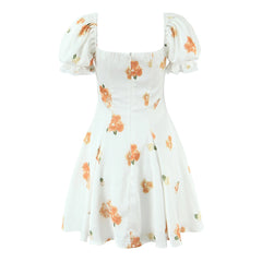 Lunivop  Retro White Floral Bow Ruched Chest Lace Slash Collar Satin Mini Dress Women Short Puff Sleeve Low Waist Swing Dresses Robe