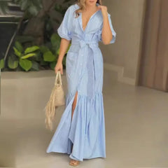 Lunivop  Striped Shirt Dress Women with Sashes Summer Beach Woman Half High Waist Turn-down Collar Pocket A-Line Sundress