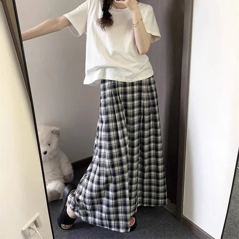 Lunivop Plaid Long Skirt Women Vintage Ruffle Kawaii Midi Skirt Preppy Style Korean Fashion Loose Casual A-line Retro Skirts