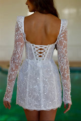 Lunivop  Long Sleeves Mini Wedding Dress For Women Sequins Shiny Illusion Backless Square Collar Above Knee Bridal Gowns