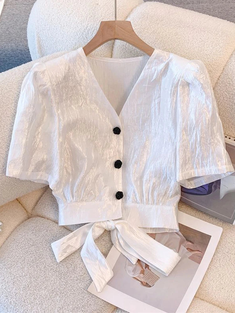 Lunivop  Cropped Sexy Slim Satin Shirt Women Vintage Back Bow Lace Up Puffy Sleeve Blouse Korean Fashion V Neck Elegant Short Tops