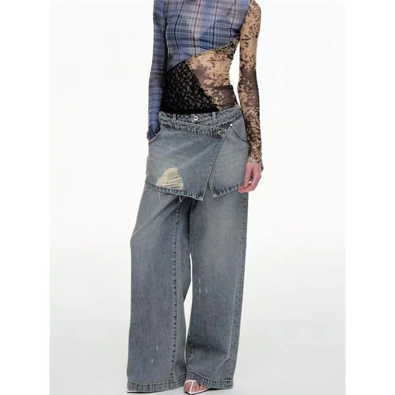 Lunivop Blue Womens Jeans High Waist Vintage Straight Baggy Denim Pants Y2K Buckle Design Streetwear American Wide Leg Denim Trouser