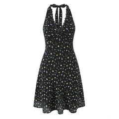 Lunivop  Sexy Black Floral Print Spliced Lace Bow Halter V Collar Backless Mini Dress Women Elastic Zipper Back A-line Short Robe Holiday