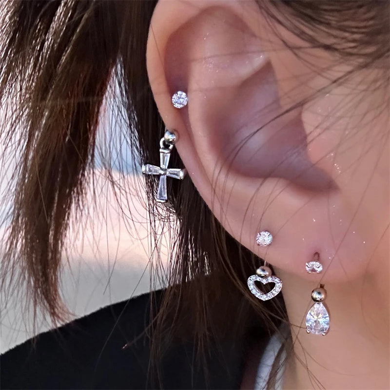 Lunivop 1PCS Pink Zircon Cross 316L Stainless Steel Annular Ear Bone Nail New Fashion U-shaped Earrings for Women Y2K Punk Jewelry