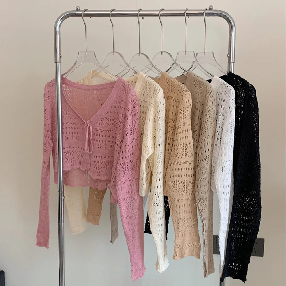 Lunivop Tie Front Crop Cardigan Long Sleeve Pointelle Knit Openwork Shrug Jacket Women Teen-girl Spring Summer Fairycore Outfit
