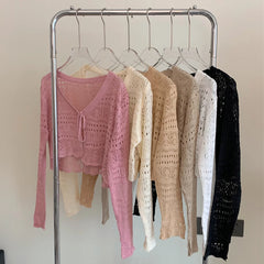 Lunivop Tie Front Crop Cardigan Long Sleeve Pointelle Knit Openwork Shrug Jacket Women Teen-girl Spring Summer Fairycore Outfit