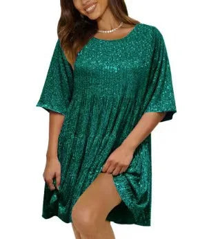 Lunivop  Elegant Fashion Sequins Round Neck Loose Short-sleeved Dress Dinner Dress Plus-size Women's Clothing