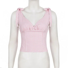 Lunivop  Sweet Girl Summer Fashion Vacation Style Tank Tops Y2k Fashion Plaid V Neck Sleeveless Sext Backless Camisoel Korean Tops