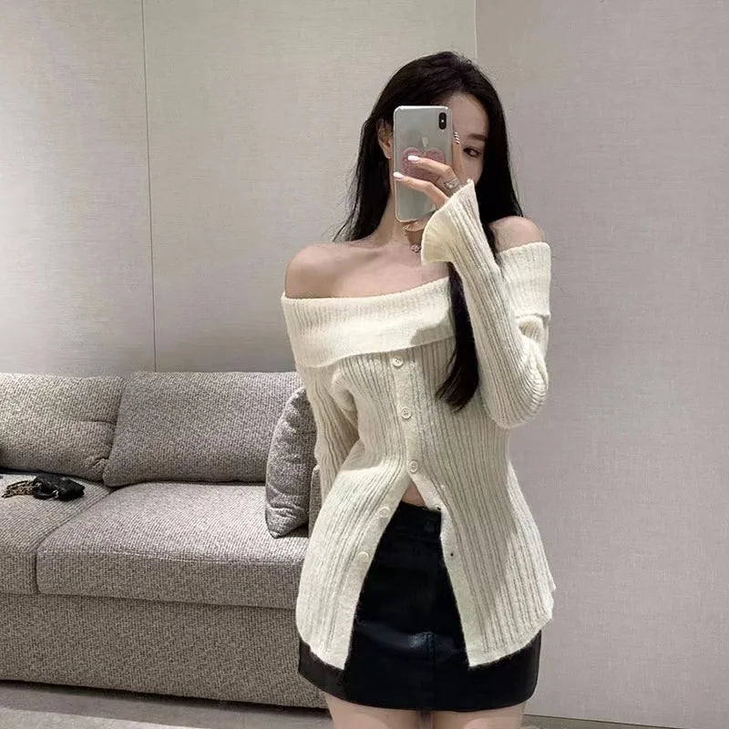 Lunivop Off Shoulder Knit Top for Women Button Front Long Sleeve Off-The-Shoulder Ribbed Fitted Tops Women Pullovers Sweater Y2K Outfit