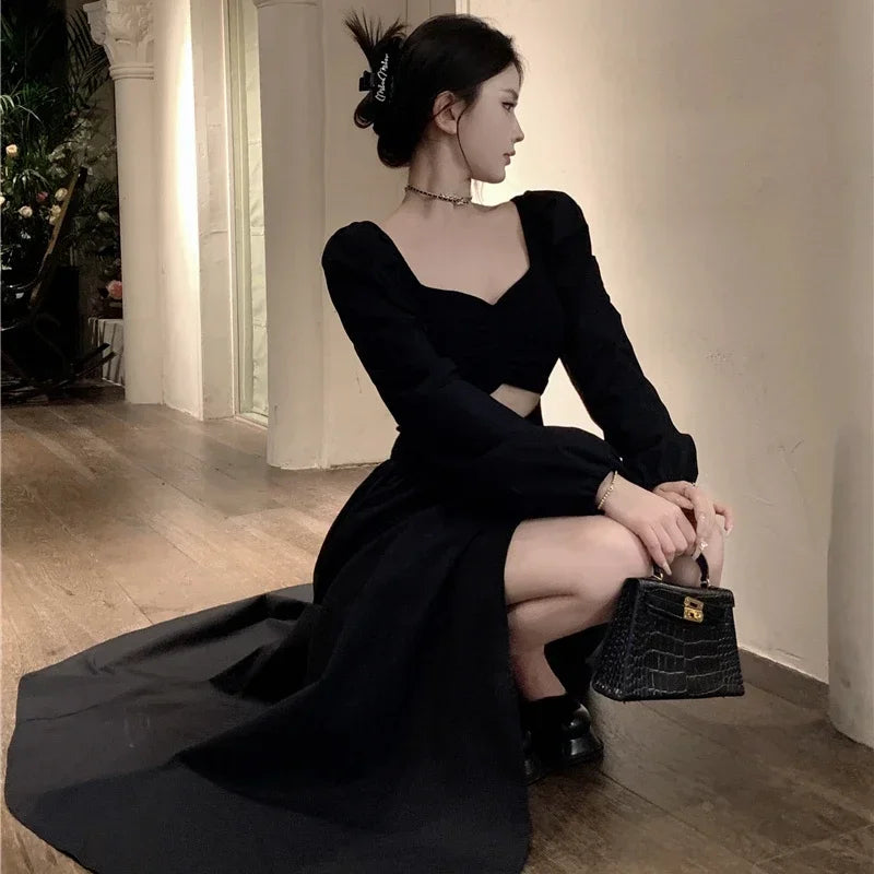 Lunivop  Long Sleeve Dresses Women Party Stylish Slit-design Solid Black Chic Autumn French Style Maxi Vestidos High Street Retro Clothes