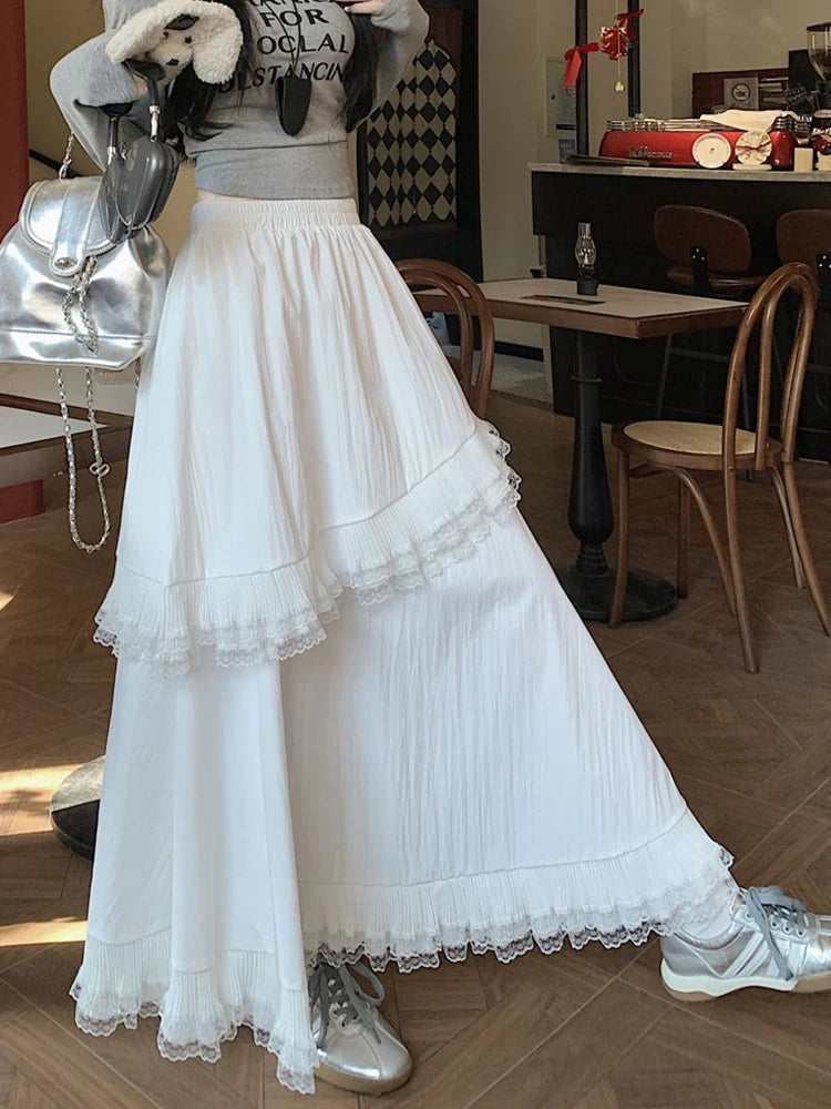 Lunivop Ruffles White Long Skirt Women High Waist Sweet Lace Patchwork Skirts Vintage Casual Loose Korean Female Summer Skirts New