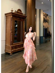 Lunivop  Dresses Women Ruffles Patchwork Sleeveless Halter Tie Dye Slim Summer Fashion Elegant Temperament Dress Party Holiday