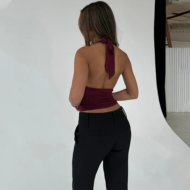 Lunivop   V-Neck Sexy Lace Edge Halter Slim Backless Casual Solid Crop Tops Y2K Summer Fashion Streetwear Daily Sweet Cute Vest
