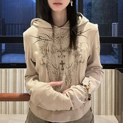 Lunivop Gothic Print Graphic Tops Hoody Long Sleeve Y2k Aesthetics Vintage Crop Tops Streetwear 2000s Japanese Grunge Tee Tops