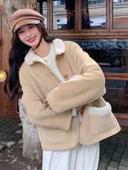 Lunivop Women Faux Lamb Suede Jacket Winter Warm Long Sleeve Sweet Cotton Coat Korean Pockets Female Thick Vintage Outwear Tops