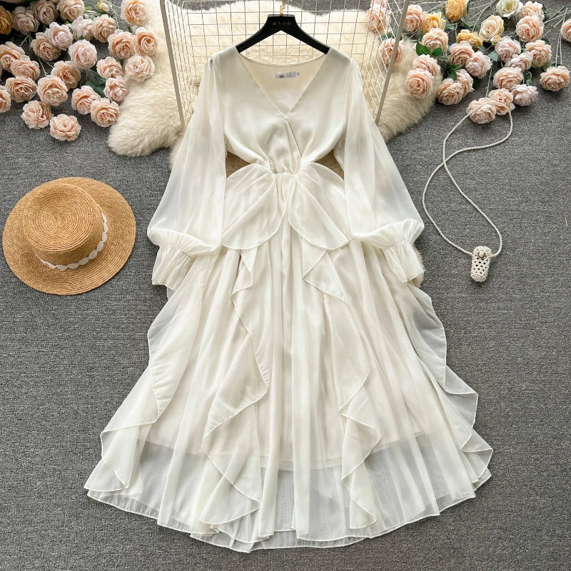 Lunivop  Chic Fashion Women Gentle Elegant V Neck Slim Ruffled Chiffon Dresses Spring Solid Long Sleeve Vintage