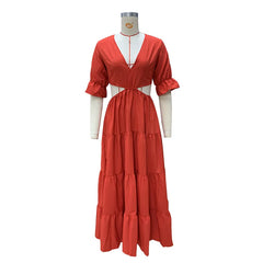 Lunivop  Flare Sleeve Women Summer Dresses Deep V Neck Maxi Sundresses Solid Color Casual Hole Waist High Waist A-Line Dress