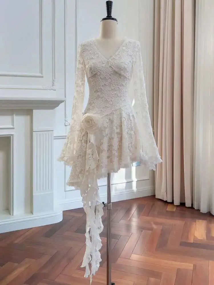 Lunivop Women's Lace Ruffled Asymmetric Design Dresses V Neck High Waist Long Sleeve Slim Elegant Dress Autumn 2025 New