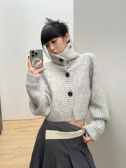 Lunivop Gray Turtleneck Knitted Cardigan Harajuku Korean Style Cropped Sweaters Gyaru Y2k Vintage Striped Loose Knitwears Basic