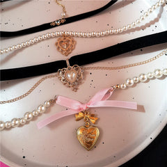 Lunivop Kpop Goth Vintage Harajuku Cute Heart Bowknot Cross Pendant Pearl Choker Necklace For Women Girls Aesthetic Y2k Charm Jewelry