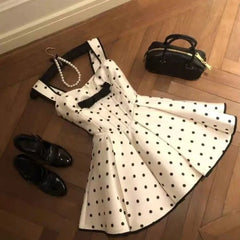 Lunivop  Elegant Sweet Wave Point Bow Ruched A-line Dresses 2025 New Camisole Vest Dress for Women Y2k Slim Waist Vestidos De Mujer