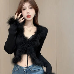 Lunivop  Fashion Street V-neck Lace Up Cardigan Coat Women New Slim Fit Tops Mujer Y2k Grunge Long Sleeve Black All-match Sweaters