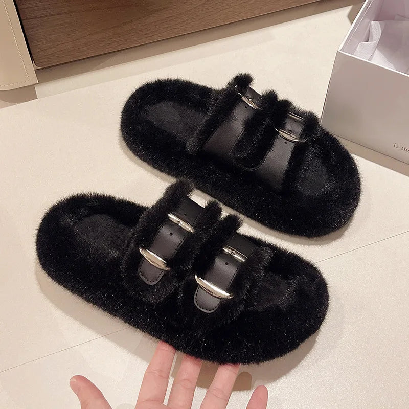 Lunivop New Cotton Shoes Winter Women's Slippers Comfort Short Plush Flats Fashion Buckle Platform Slippers Casual Female Shoes