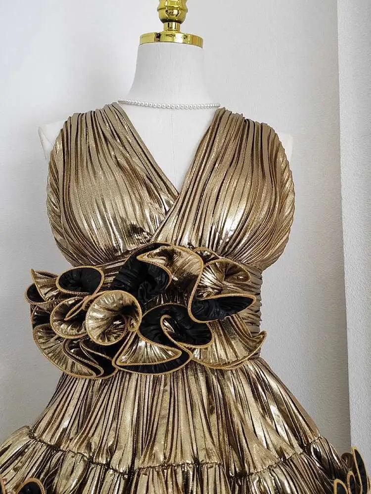 Lunivop Solid Spliced Fungus Elegant Party Dresses For Women V Neck High Waist Sleeveless Elegant Dress Female Autumn 2025