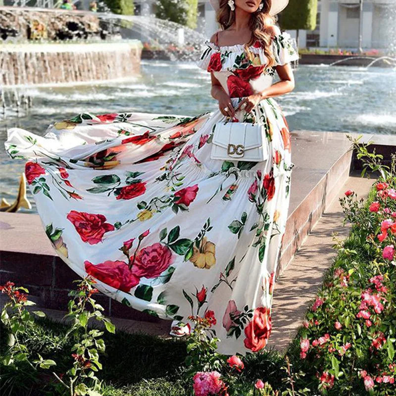 Lunivop  Summer Floral Print Slash Neck Beach Dress Women Casual Short Sleeved Pleated Bohemian Dresses Fashion Long Sundress