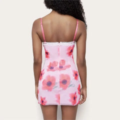 Lunivop  Sexy Spliced Lace Slash neck Tie-dye Flower Mesh Sling Dress Women Skinny Slim Waist Package Hips Backless Robe Vestidos