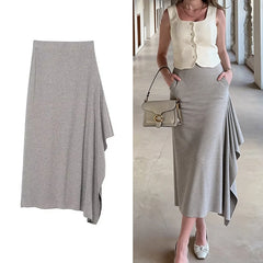 Lunivop  High Waist Skirt Women's Spring Autumn Long Skirt Casual Asymmetrical Hem Ruffles Midi Skirts For Women New ﻿