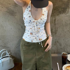 Lunivop  Pure Desire Sweet Spice Girls Print Vest Halter Sling New Fresh Unique Tees Lace Up Sexy Ruched All-match Sweet Women Top