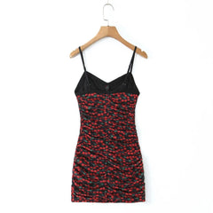 Lunivop   Sexy Black With Red Cherry Print Sling Dress Women Folded Skinny Slim Waist Package Hips Backless Hem Mini Dresses Robe