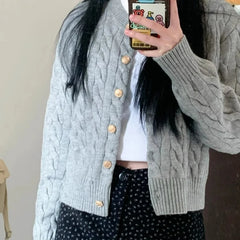 Lunivop Vintage Long Sleeve Cardigan Women Sweater O-neck Elegant Knitted Top Fashion Autumn Grey Knitwear