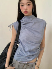Lunivop  Streetwear Y2K Slim Tanks Women Shirring Vintage Casual Tops Summer Sleeveless Female Retro Half Turtleneck Harajuku Tanks