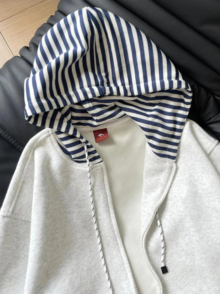 Lunivop Striped Patchwork Vintage Hoodies Women Loose Harajuku Long Sleeve Retro Sweatshirts Casual American Streetwear Pockets Bf Tops