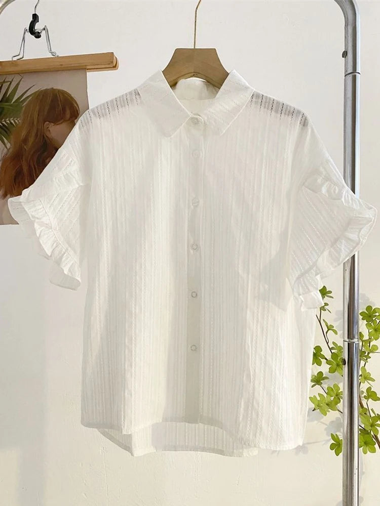 Lunivop  Fashion Casual White Shirt Women Sweet Flare Sleeve Cute Blouse Loose Preppy Style Female Summer Chic Simple All Match Tops