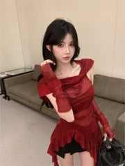 Lunivop  Y2k Ruffles Patchwork Hoodie Vest T-shirt for Women Vintage Red Bottoming Tops Mujer Sexy Irregular Slim Fit Tank Top