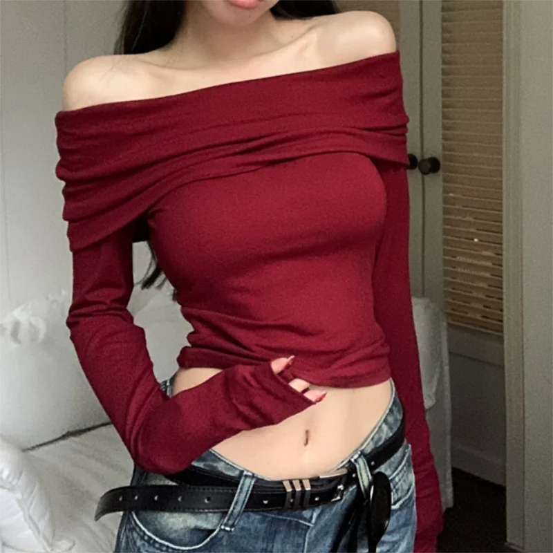 Lunivop Chic Women Sexy Off Shoulder T-shirt Winter Long Sleeve Slim Fit Crop Top Y2K Vintage Harajuku Black Tees Elegant Female Clothes