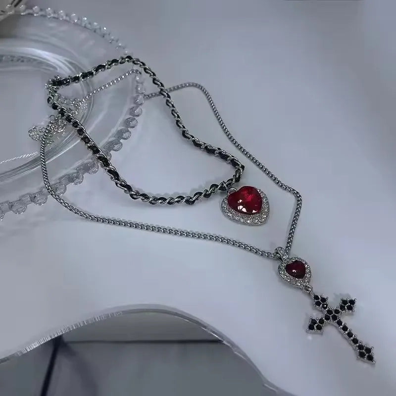 Lunivop Double Layered Leather Red Crystal Heart Pendant Necklace for Women Exquisite Cross Earrings Collarbone Chain Gothic Jewelry Set